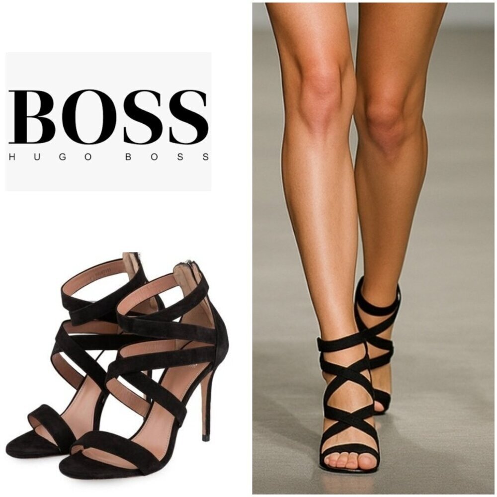 BOSS Hugo Boos GRACE Black Suede Strappy Stiletto Sandals Heels Sze EU38/7.5